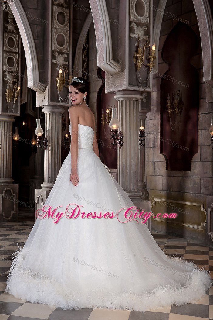 Customized Sweetheart Chapel Train Wedding Dress with Feather