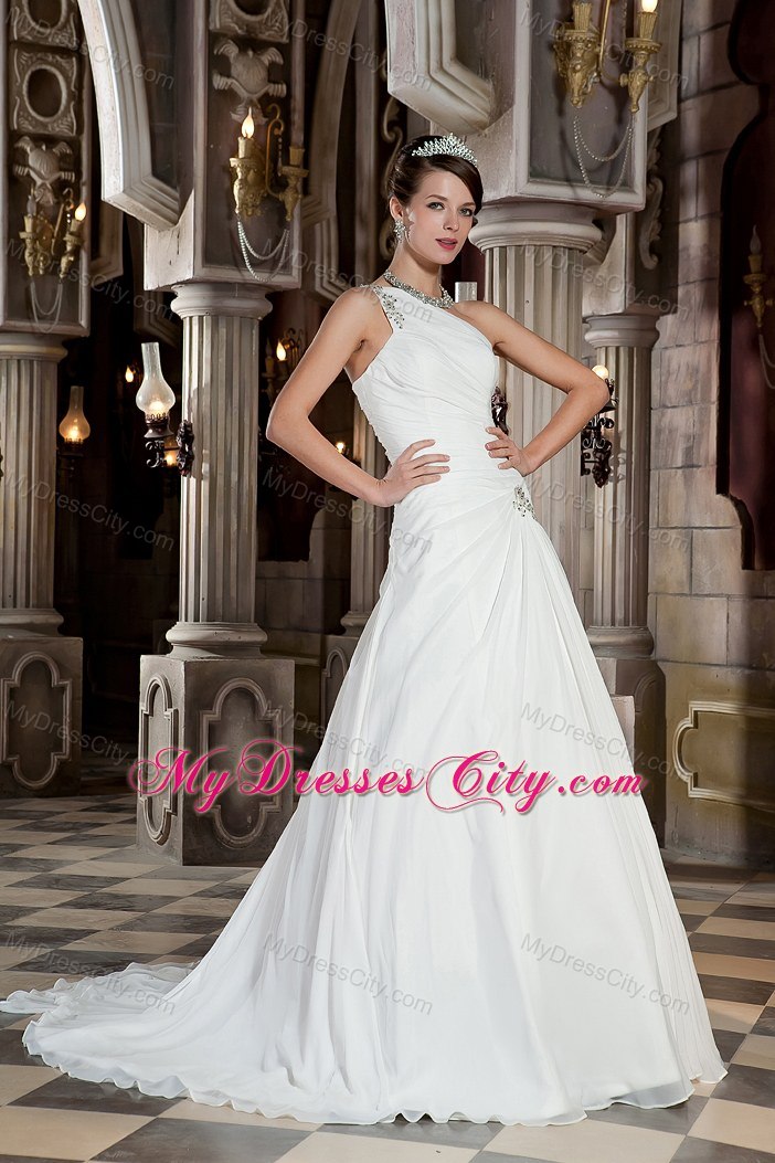 A-line Beaded One Shoulder Court Train Chiffon Wedding Dress