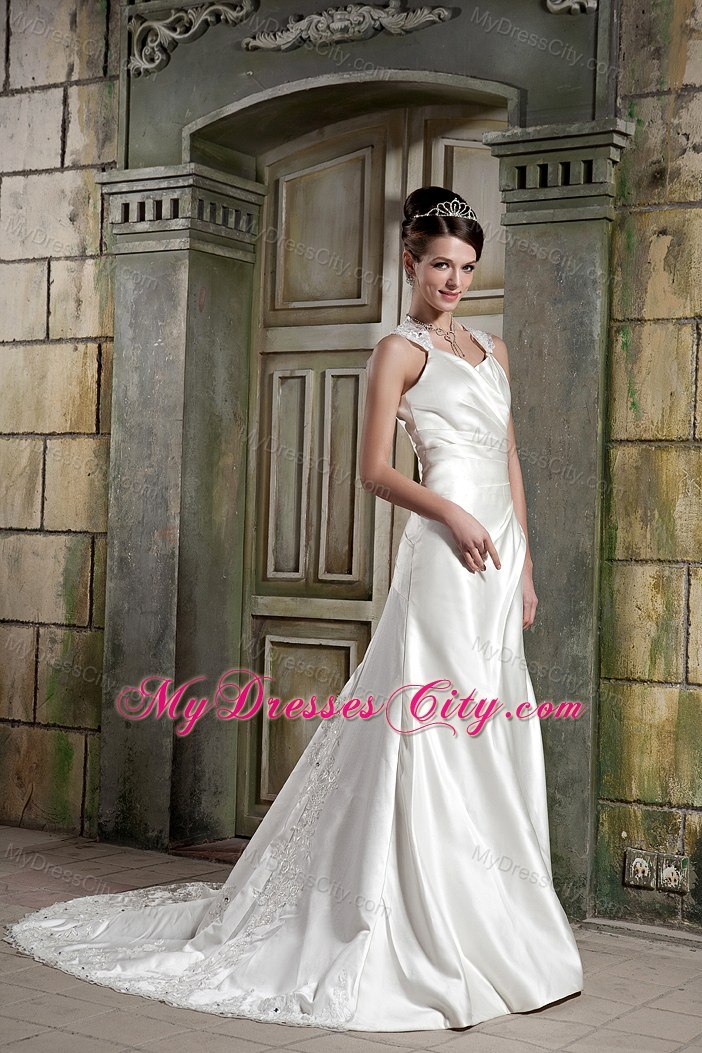 Beautiful A-line V-neck Lace Wedding Gown with Clasp Handle