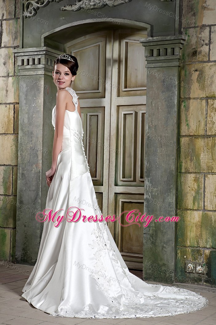 Beautiful A-line V-neck Lace Wedding Gown with Clasp Handle