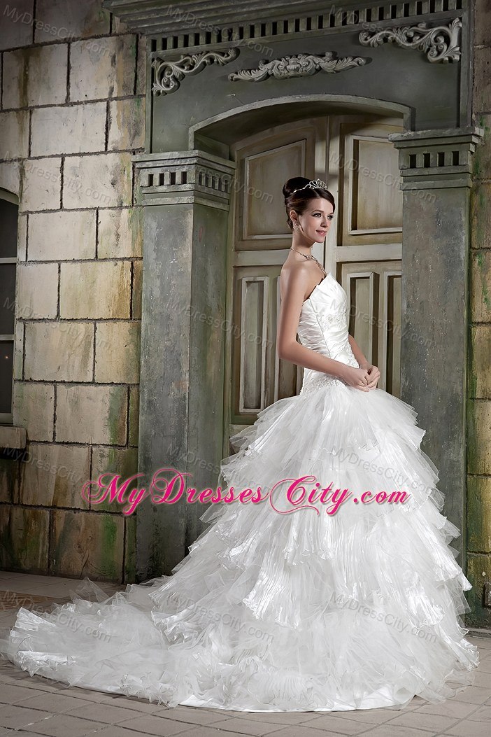 Strapless Chapel Train Appliques Wedding Dress with Layers