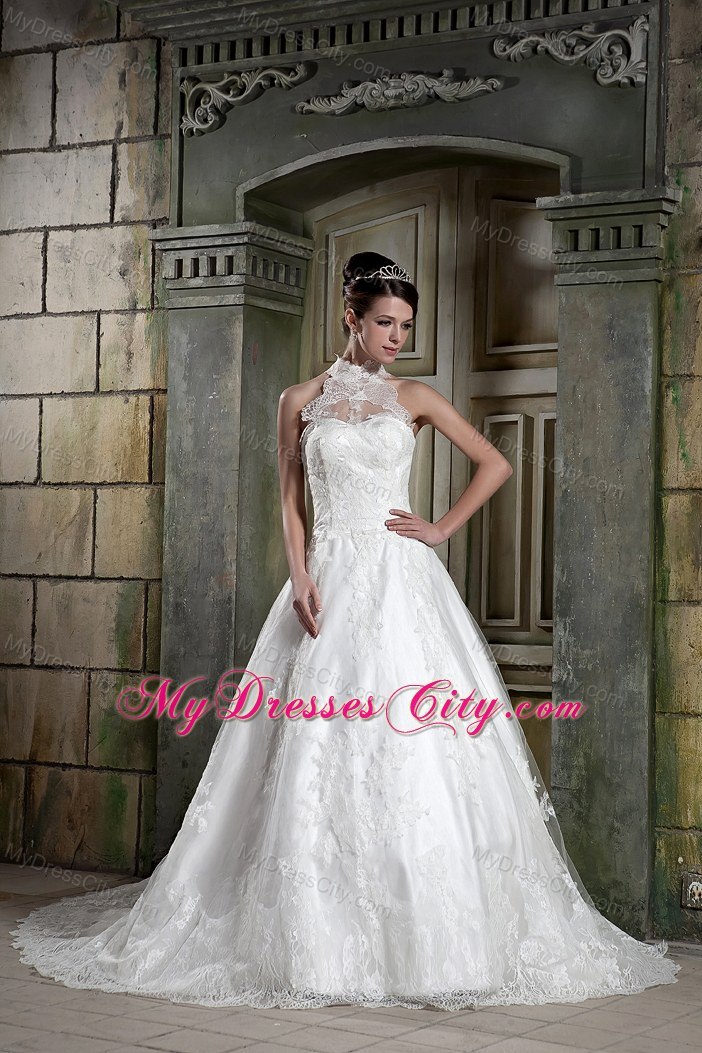 Beautiful A-line Halter Chapel Train Lace Beaded Bridal Gown