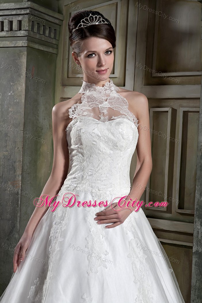 Beautiful A-line Halter Chapel Train Lace Beaded Bridal Gown