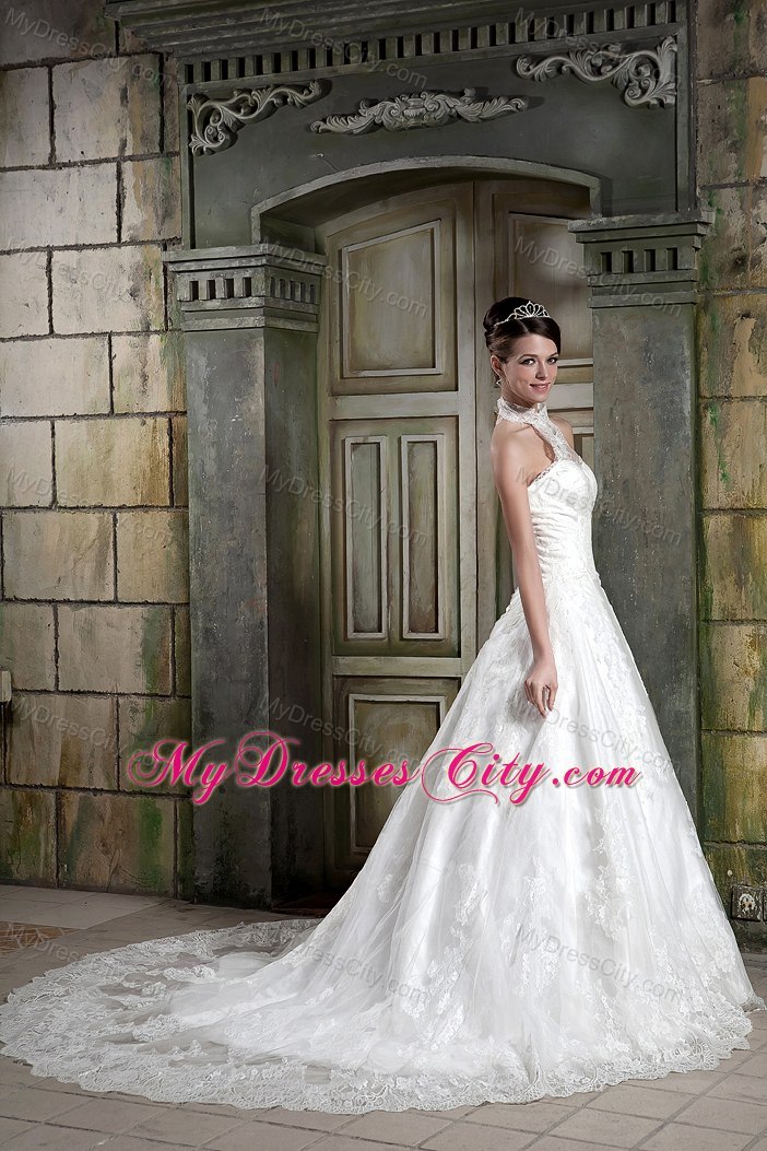 Beautiful A-line Halter Chapel Train Lace Beaded Bridal Gown