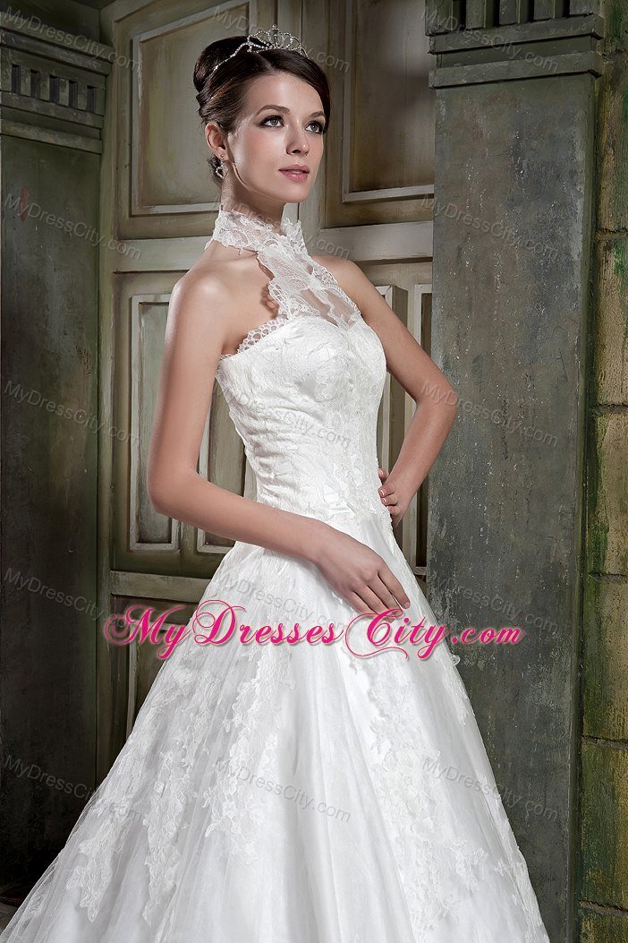 Beautiful A-line Halter Chapel Train Lace Beaded Bridal Gown