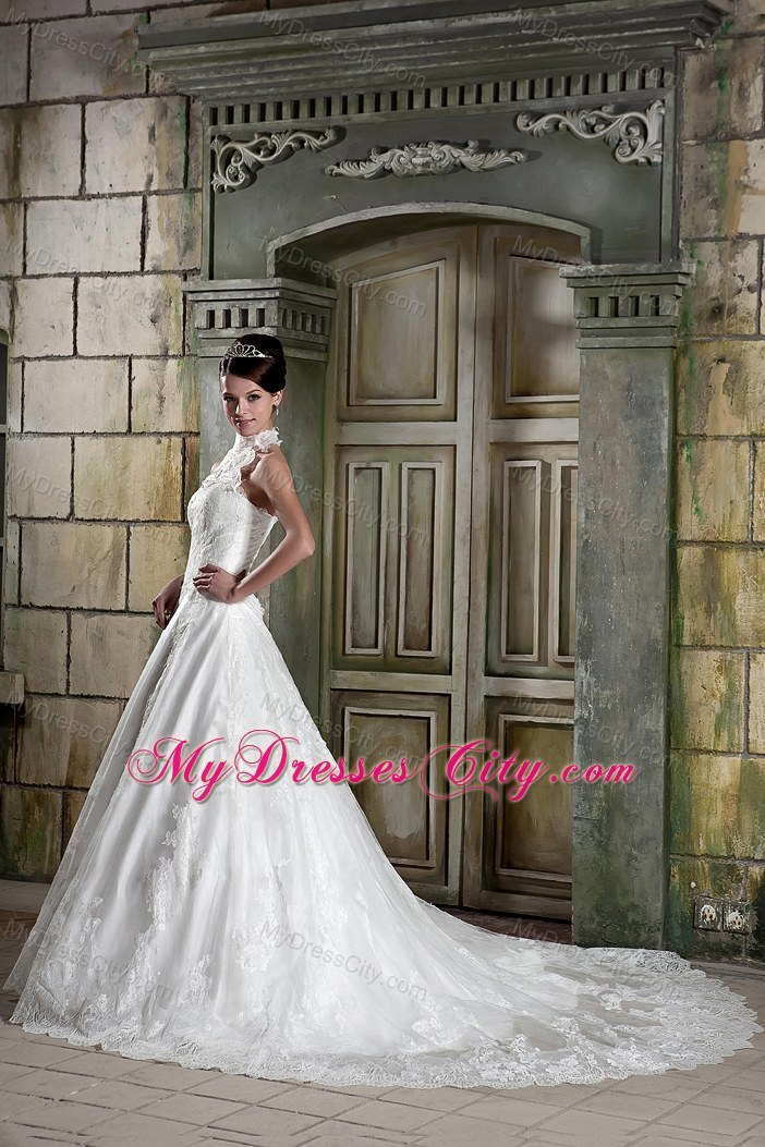 Beautiful A-line Halter Chapel Train Lace Beaded Bridal Gown