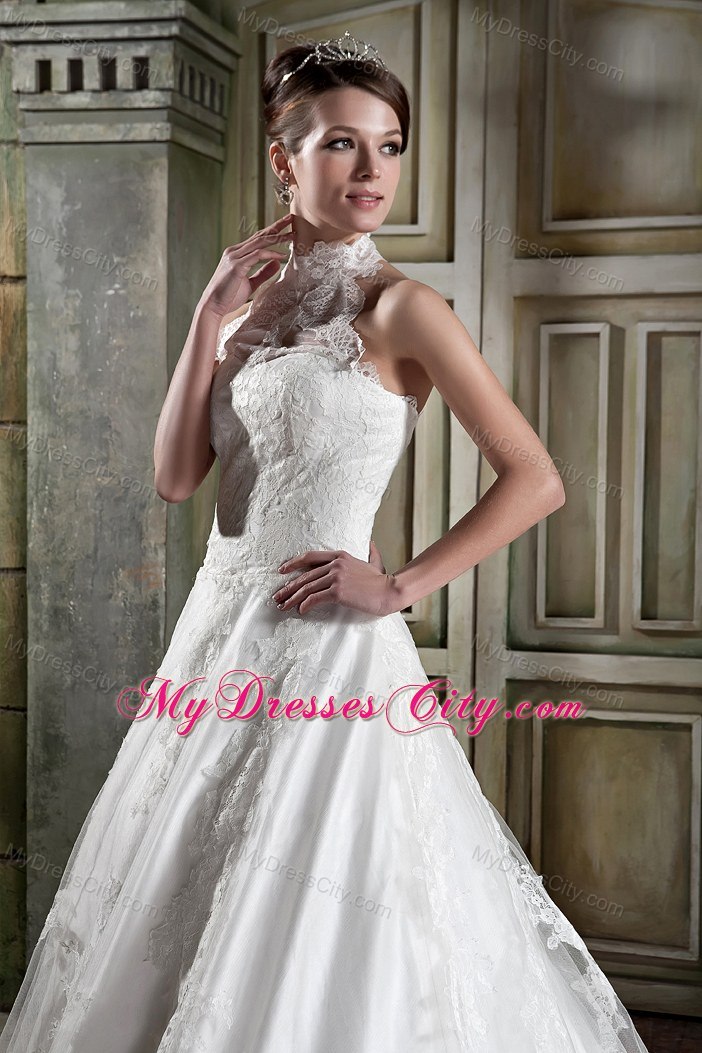 Beautiful A-line Halter Chapel Train Lace Beaded Bridal Gown