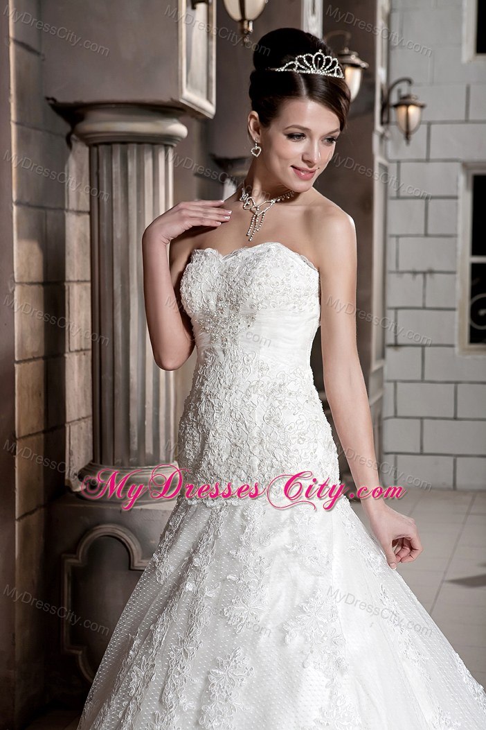 A-line Sweetheart Lace Beading Bridal Dress with Chapel Train