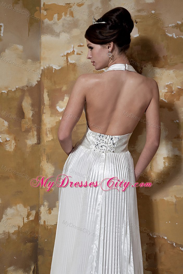 Modest Halter Pleated Court Train Beaded Waist Wedding Dress