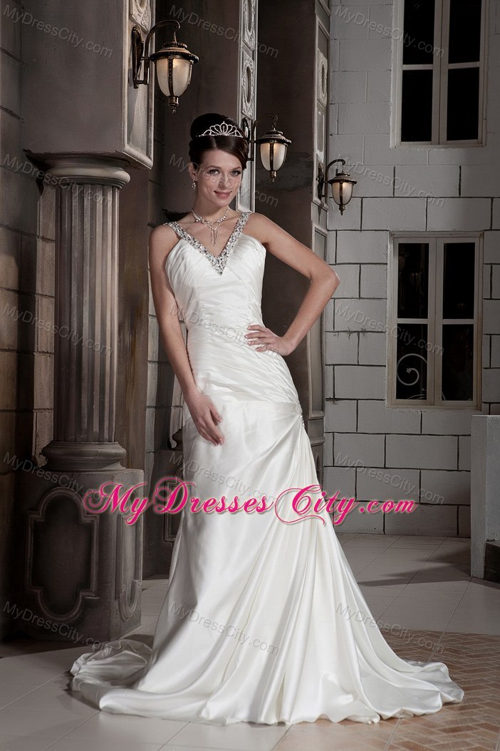 Popular Princess Beaded V-neck Lace-up Ruched Wedding Gown