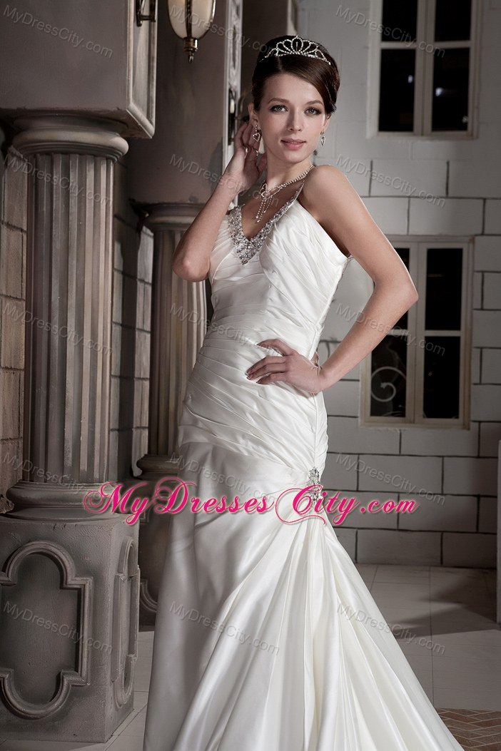 Popular Princess Beaded V-neck Lace-up Ruched Wedding Gown