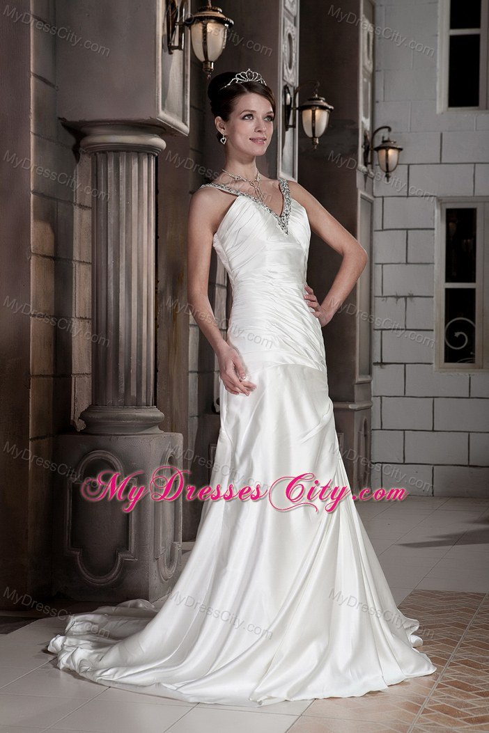 Popular Princess Beaded V-neck Lace-up Ruched Wedding Gown