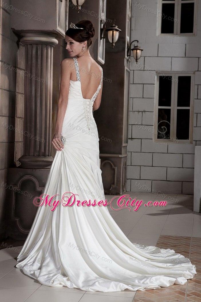 Popular Princess Beaded V-neck Lace-up Ruched Wedding Gown