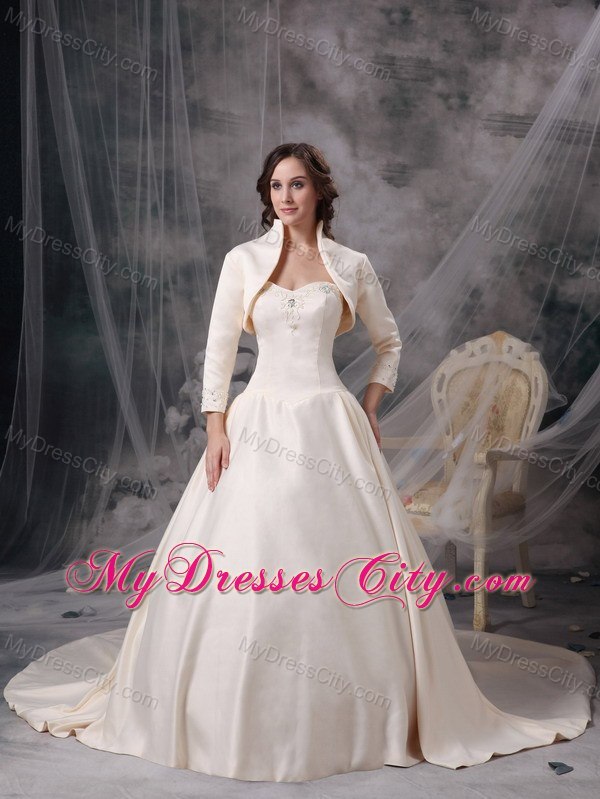 Champagne Chapel Train Appliques Wedding Dress with Jacket