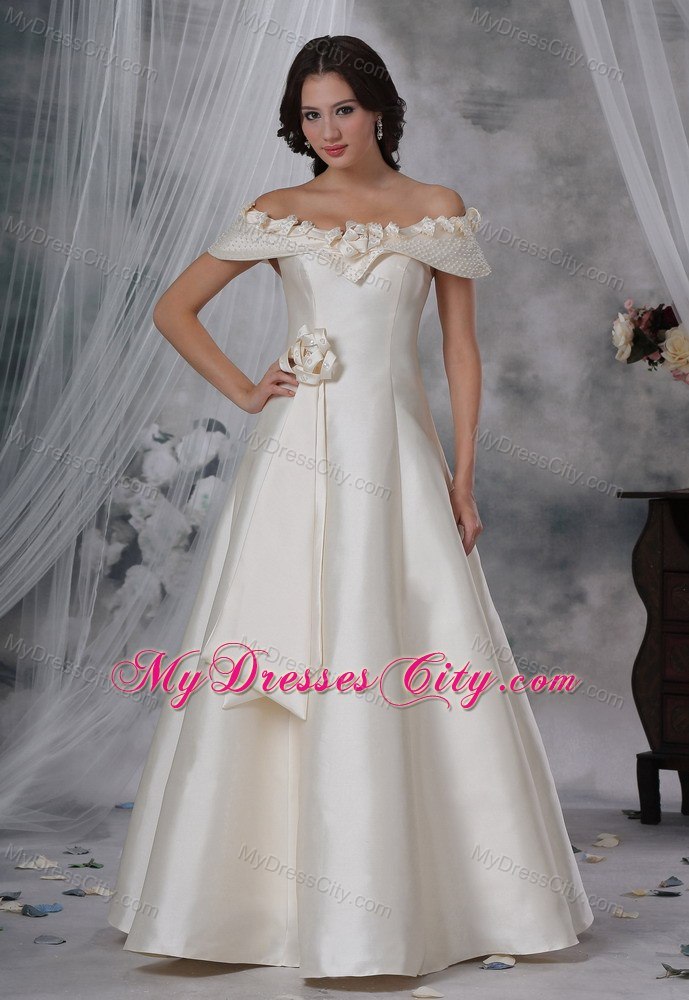 Beaded Off The Shoulder Hand Made Flower A-line Wedding Dress