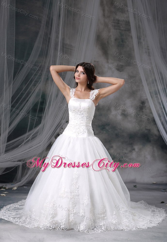 Appliques Decorated Bodice Straps Chapel Train Wedding Dress