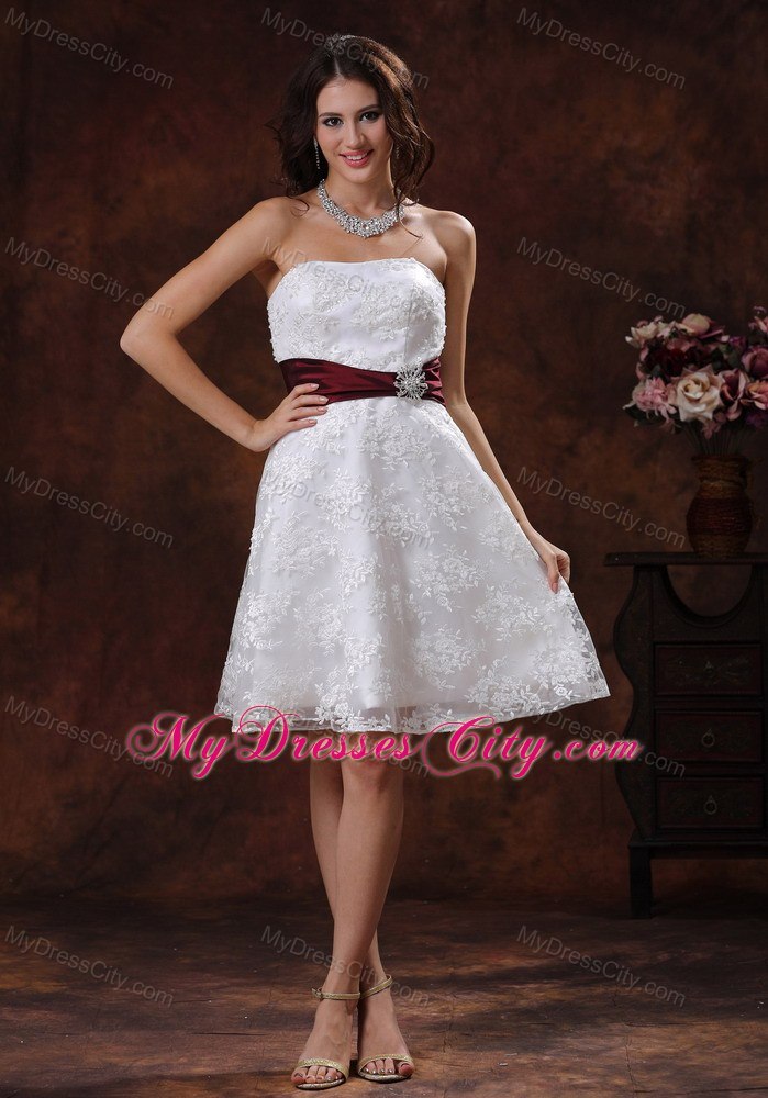 Elegant Lace Over Shirt Short Bridal Dress with Wine Red Belt