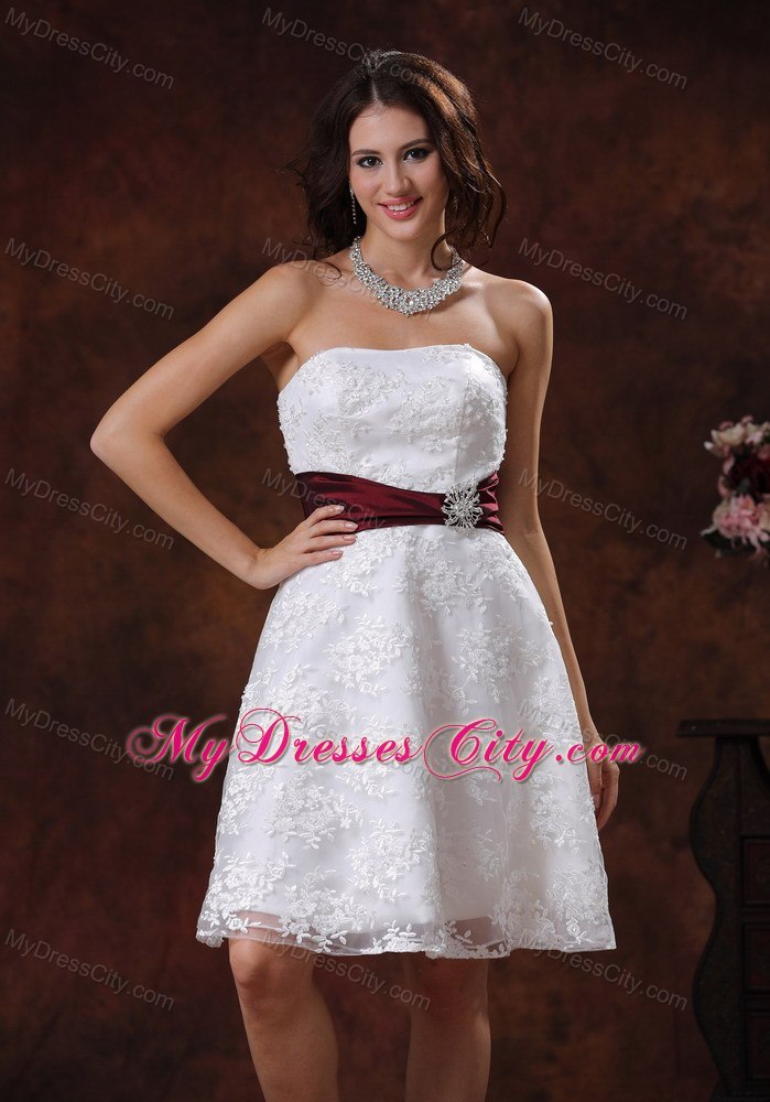 Elegant Lace Over Shirt Short Bridal Dress with Wine Red Belt