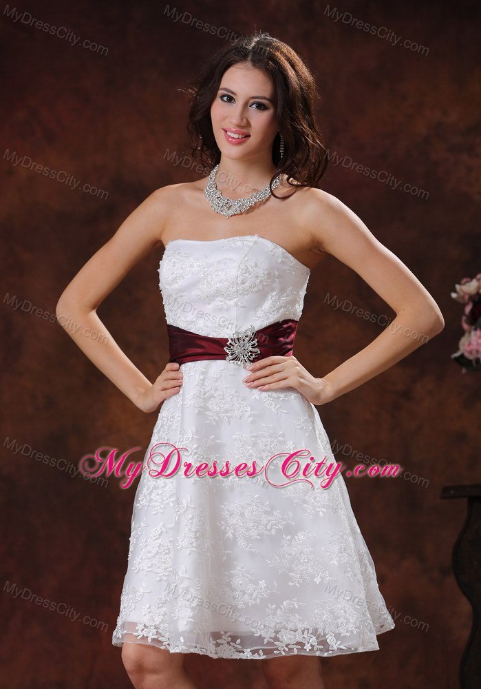 Elegant Lace Over Shirt Short Bridal Dress with Wine Red Belt