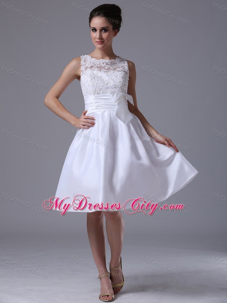 A-Line Scoop Knee-length Destination Bridal Gown with Bowknot