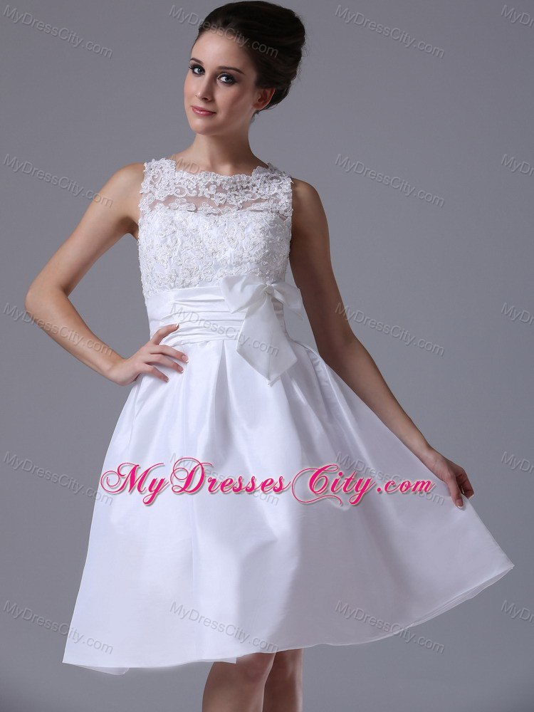 A-Line Scoop Knee-length Destination Bridal Gown with Bowknot