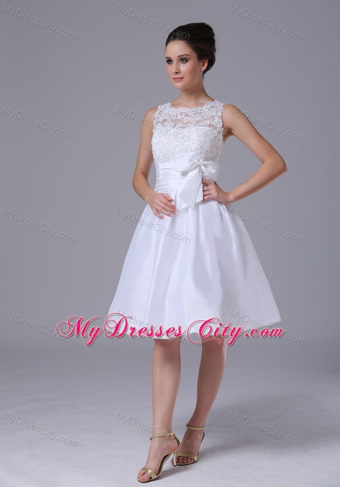 A-Line Scoop Knee-length Destination Bridal Gown with Bowknot