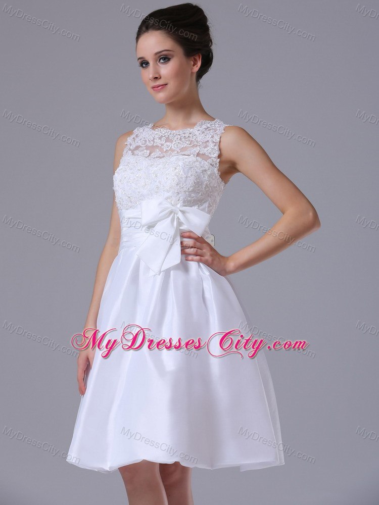 A-Line Scoop Knee-length Destination Bridal Gown with Bowknot