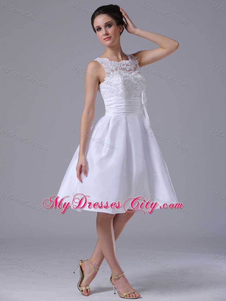 A-Line Scoop Knee-length Destination Bridal Gown with Bowknot