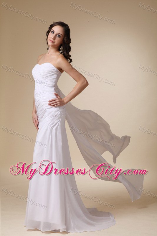 Column Sweetheart Watteau Train Chiffon Ruched Wedding Dress