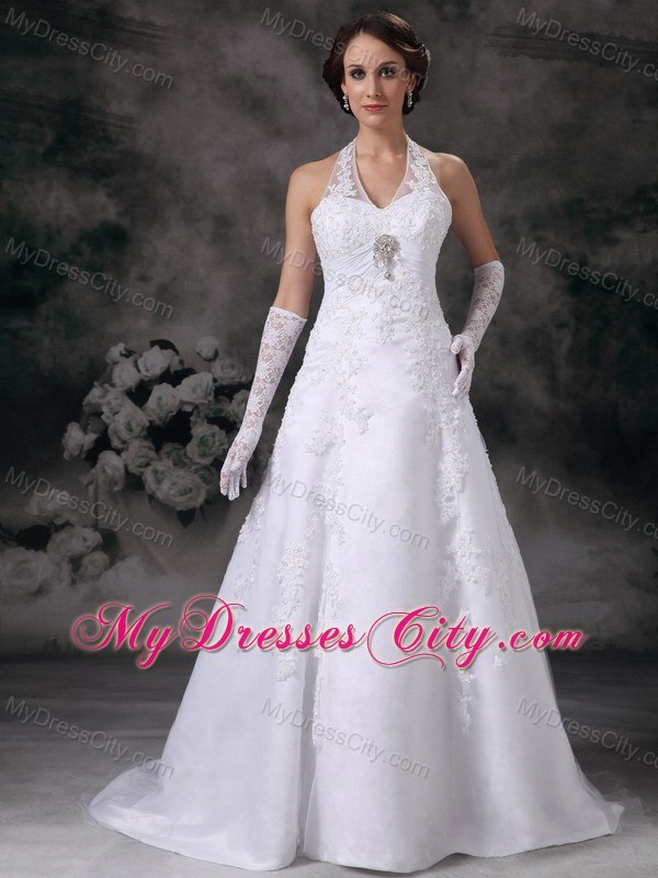 Discount A-line Halter Court Train Lace Beaded Wedding Dress