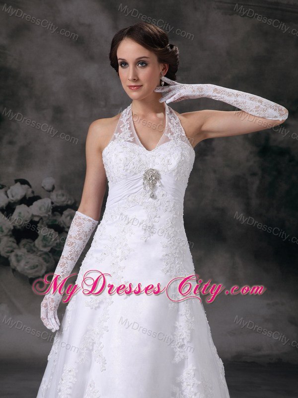 Discount A-line Halter Court Train Lace Beaded Wedding Dress