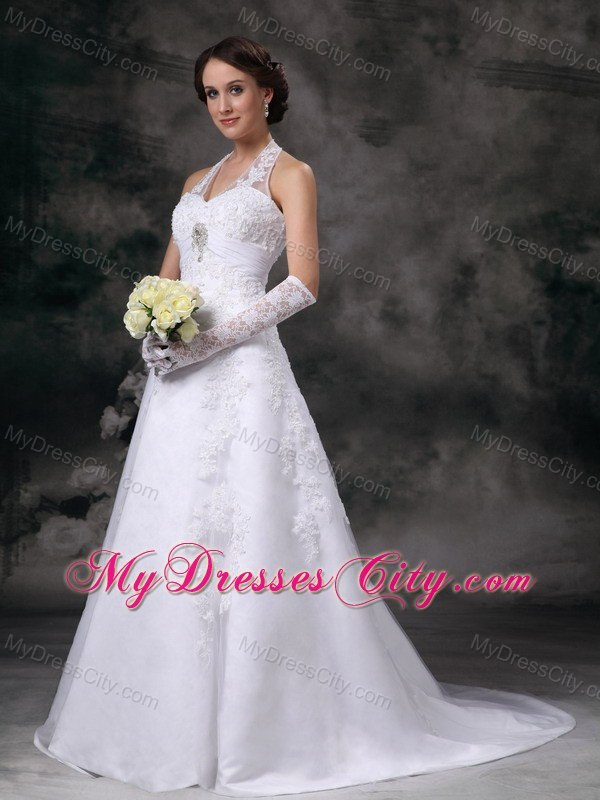 Discount A-line Halter Court Train Lace Beaded Wedding Dress