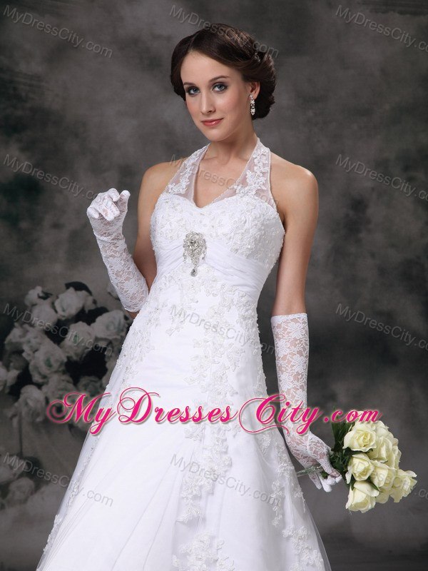 Discount A-line Halter Court Train Lace Beaded Wedding Dress