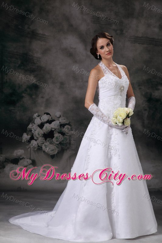 Discount A-line Halter Court Train Lace Beaded Wedding Dress