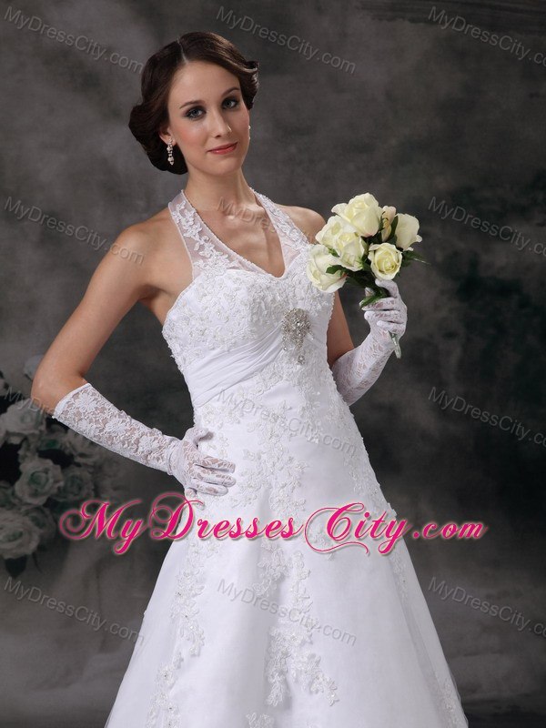 Discount A-line Halter Court Train Lace Beaded Wedding Dress