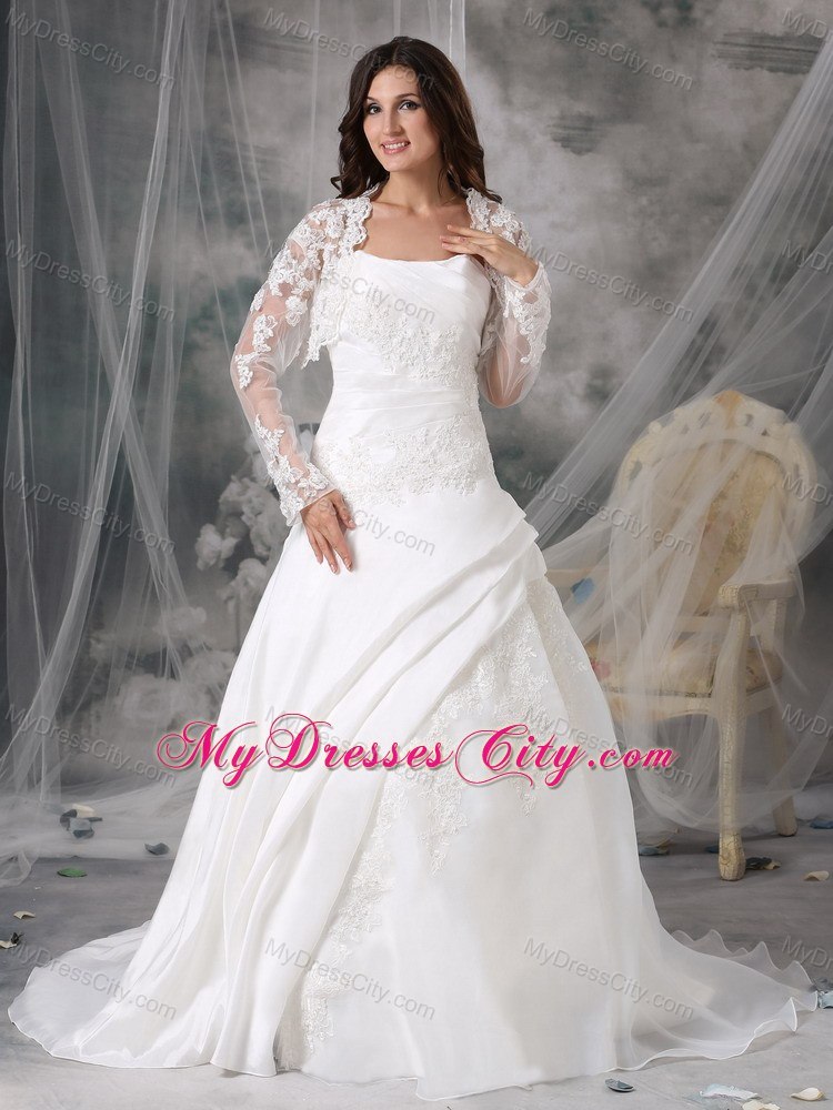 A-line Court Train Appliques Wedding Dress with Lace Jacket