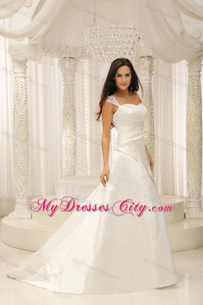 Square Neck Embroidery with Beading Satin A-line Bridal Gown