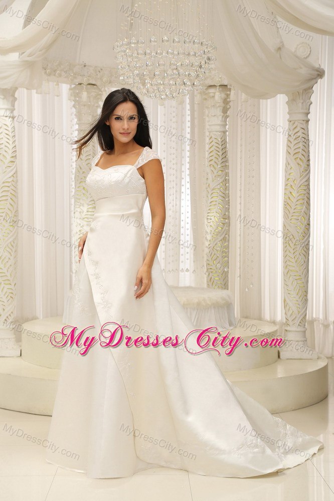 Square Neck Embroidery with Beading Satin A-line Bridal Gown