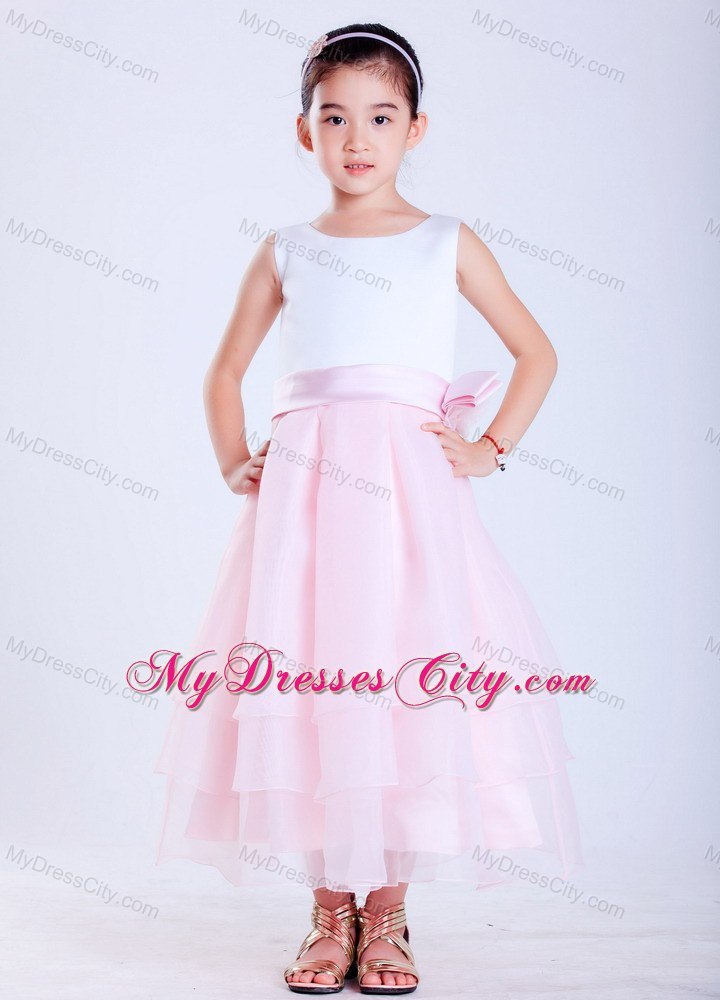 A-line White and Pink Ankle-length Flower Girl Dress Sashed