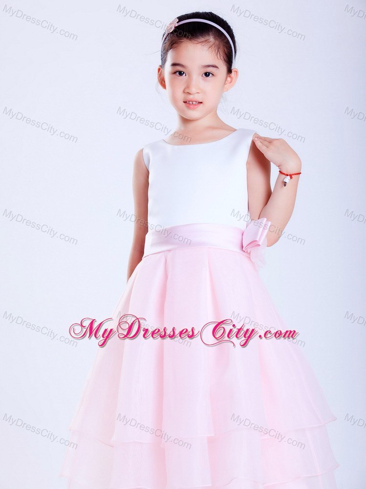 A-line White and Pink Ankle-length Flower Girl Dress Sashed