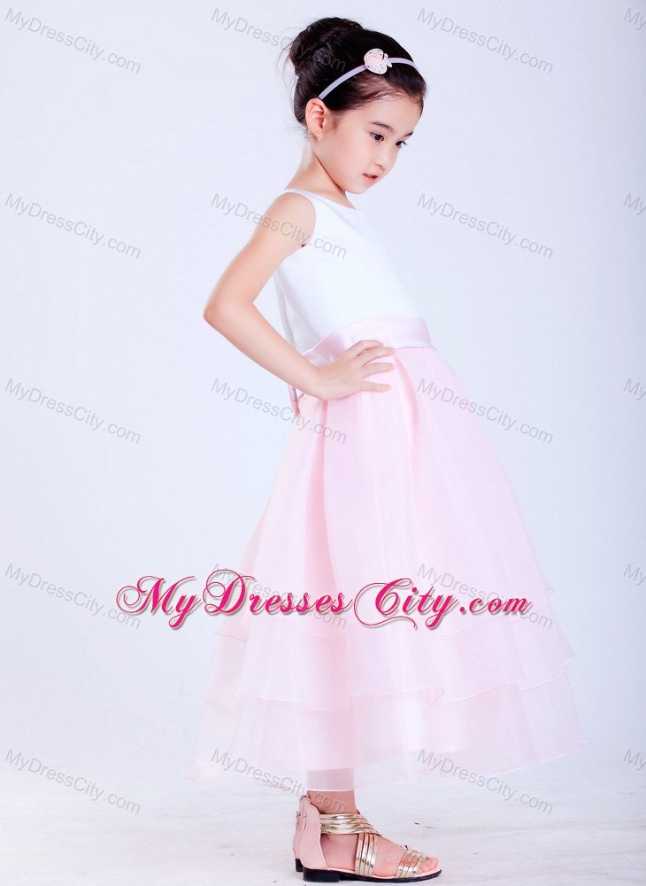 A-line White and Pink Ankle-length Flower Girl Dress Sashed