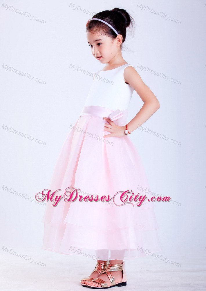 A-line White and Pink Ankle-length Flower Girl Dress Sashed