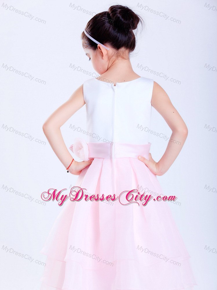 A-line White and Pink Ankle-length Flower Girl Dress Sashed