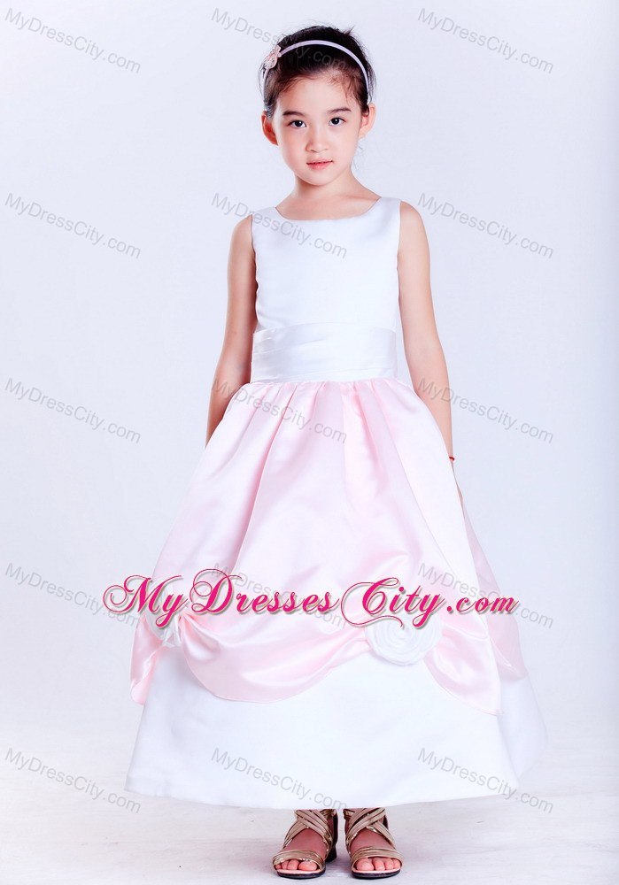 Ankle-length Scoop Taffeta Flower Girl Dress in White and Pink