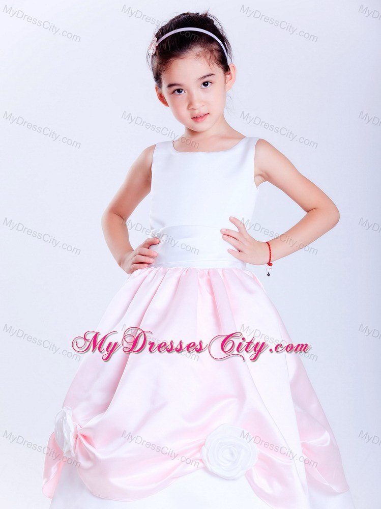 Ankle-length Scoop Taffeta Flower Girl Dress in White and Pink