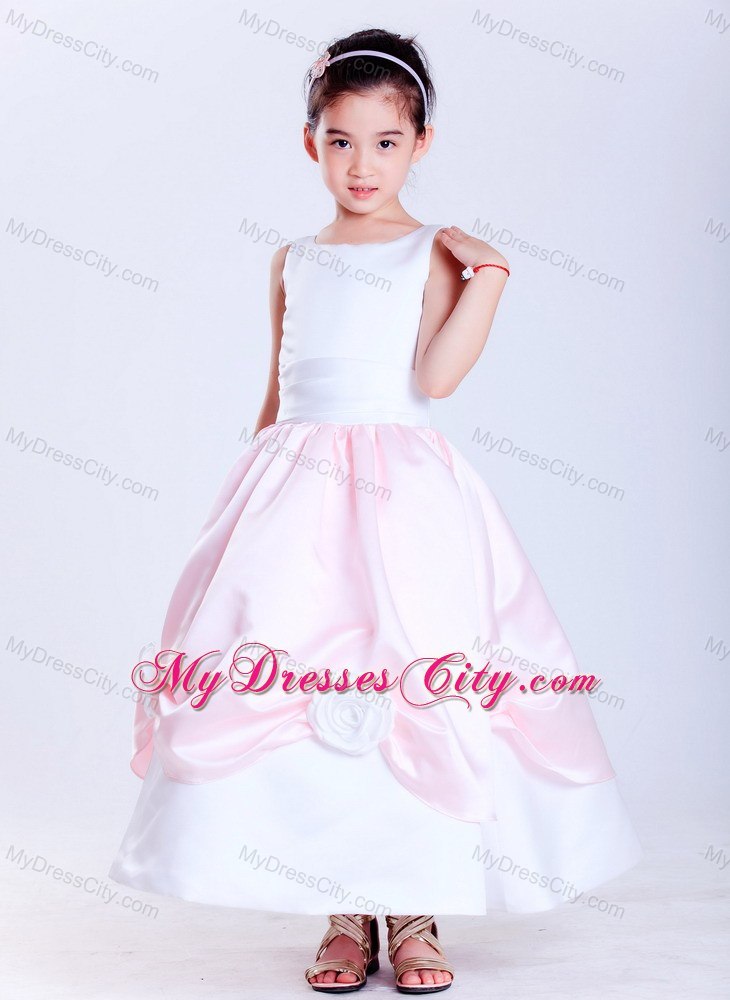 Ankle-length Scoop Taffeta Flower Girl Dress in White and Pink