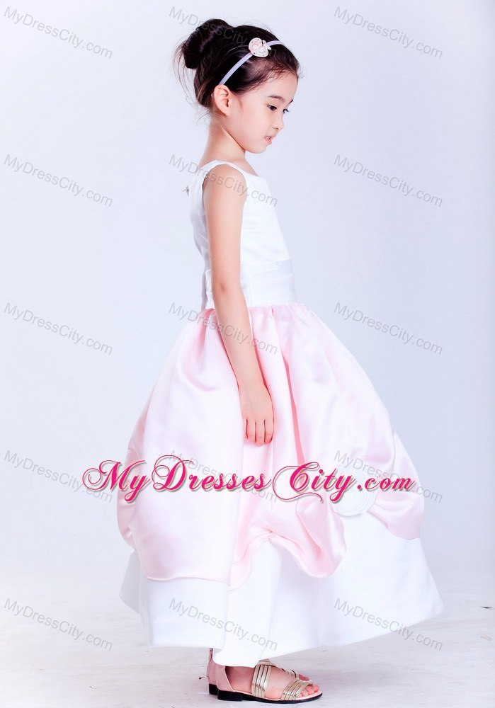 Ankle-length Scoop Taffeta Flower Girl Dress in White and Pink