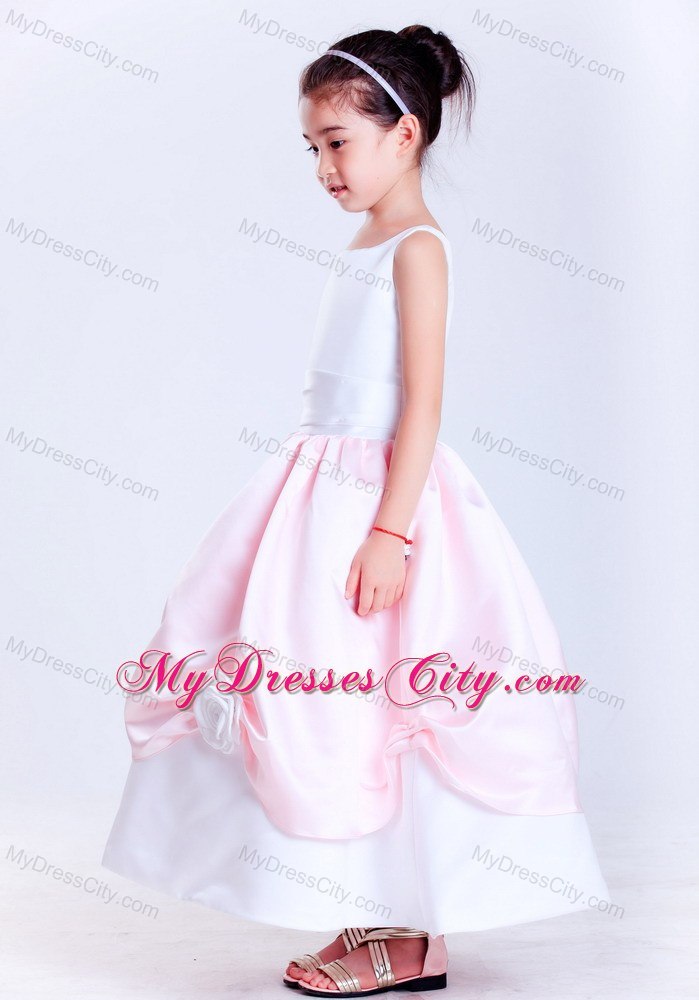 Ankle-length Scoop Taffeta Flower Girl Dress in White and Pink