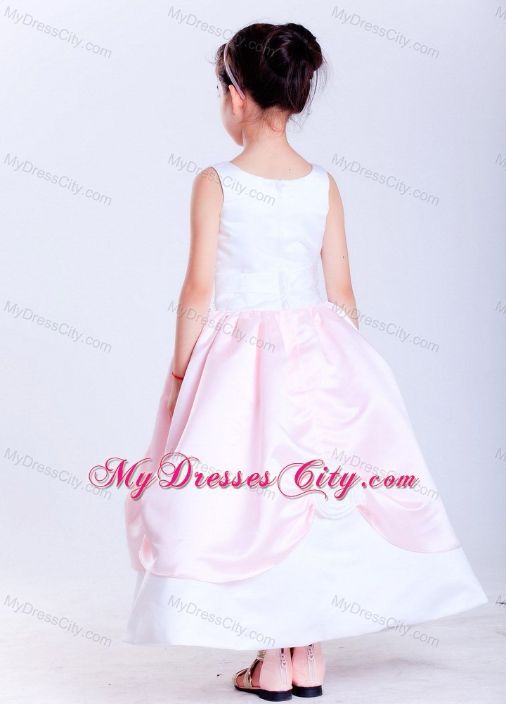 Ankle-length Scoop Taffeta Flower Girl Dress in White and Pink