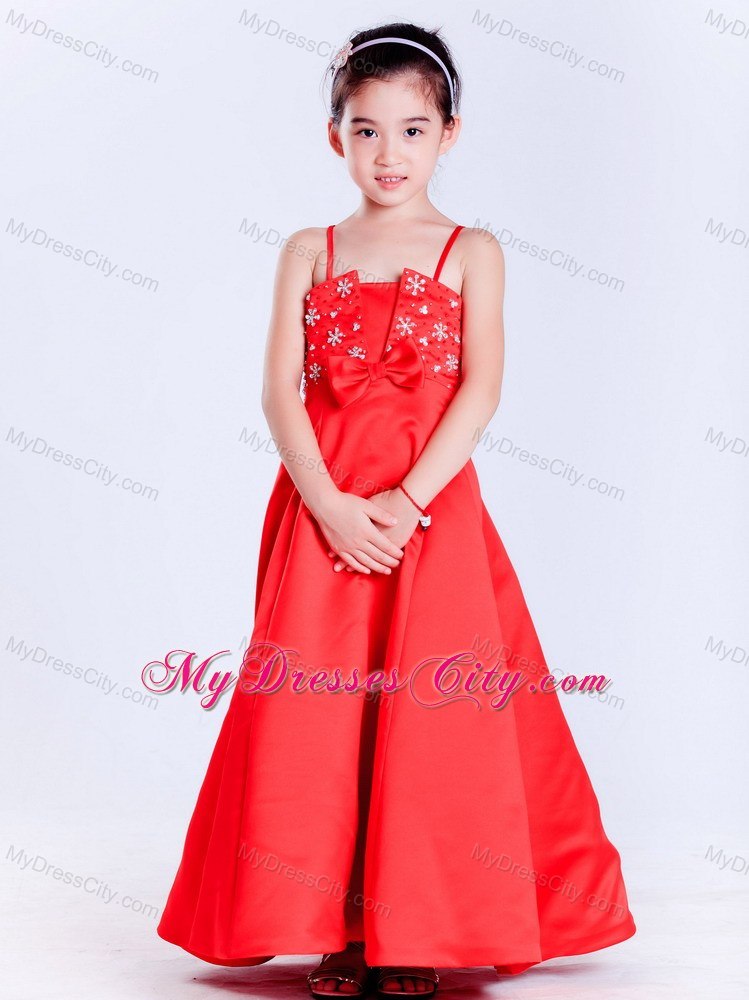 Taffeta Red A-line Straps Ankle-length Beaded Flower Girl Dress